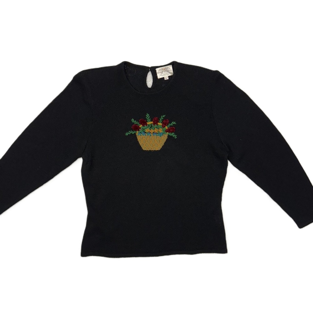 Susan Bristol Vintage Black Crewneck Sweater Embroidered‎ Floral Basket Large
